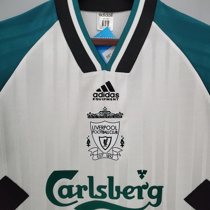 Camiseta retro de visitante del Liverpool 93/95 de Adidas para hombre (blanco, verde y negro)