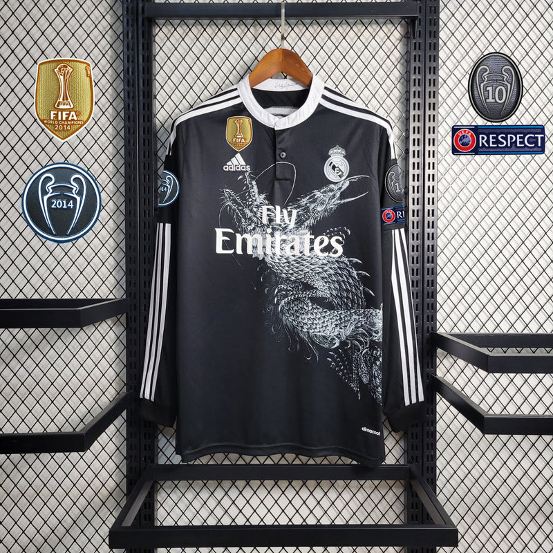 Camiseta retro de manga larga para aficionado Adidas del Real Madrid I 14/15 para hombre - Negra