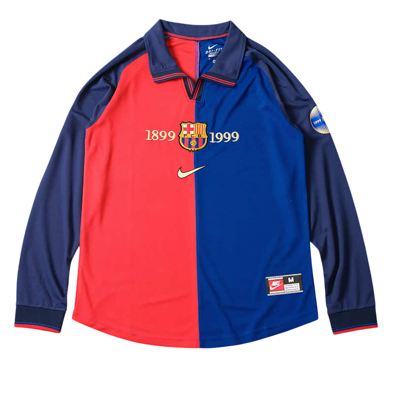 Camiseta retro de manga larga para aficionado del Barcelona Home 1999 para hombre - Azul y granate