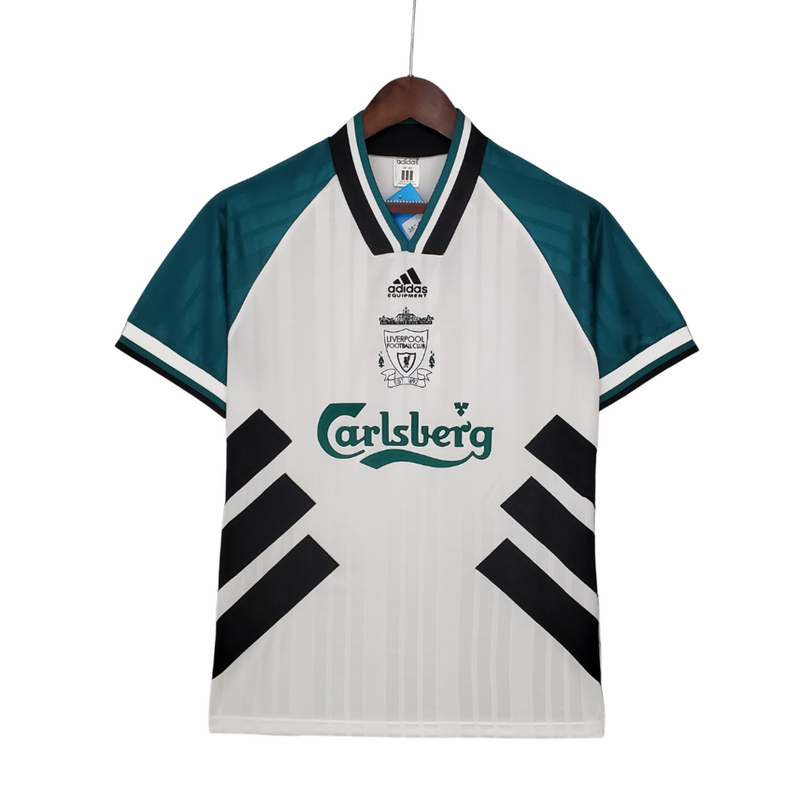 Camiseta retro de visitante del Liverpool 93/95 de Adidas para hombre (blanco, verde y negro)